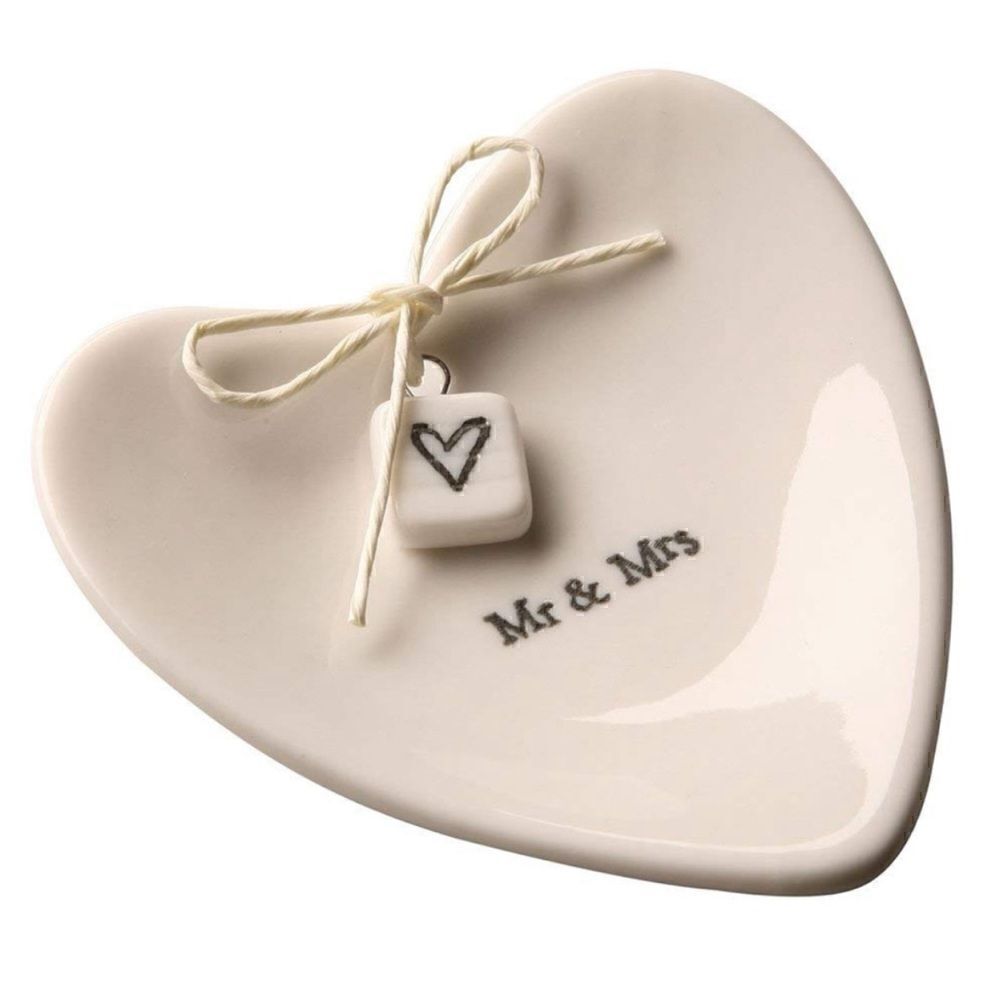 East of India Mr & Mrs Heart-Shaped Ring Dish Porcelain New No Box